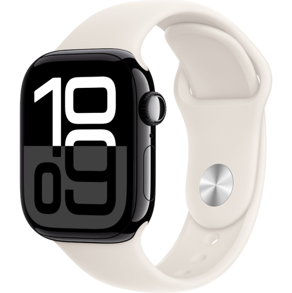Apple Watch Series 10 42mm Aluminum Jet Black Case Starlight Sport Band M/L